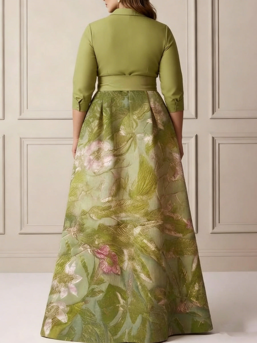 Plus Size Shirt Collar Satin Floral Floor-Length Mother of the Bride Dresses