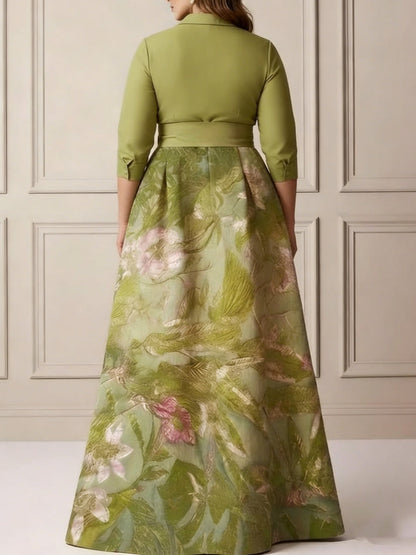 Plus Size Shirt Collar Satin Floral Floor-Length Mother of the Bride Dresses