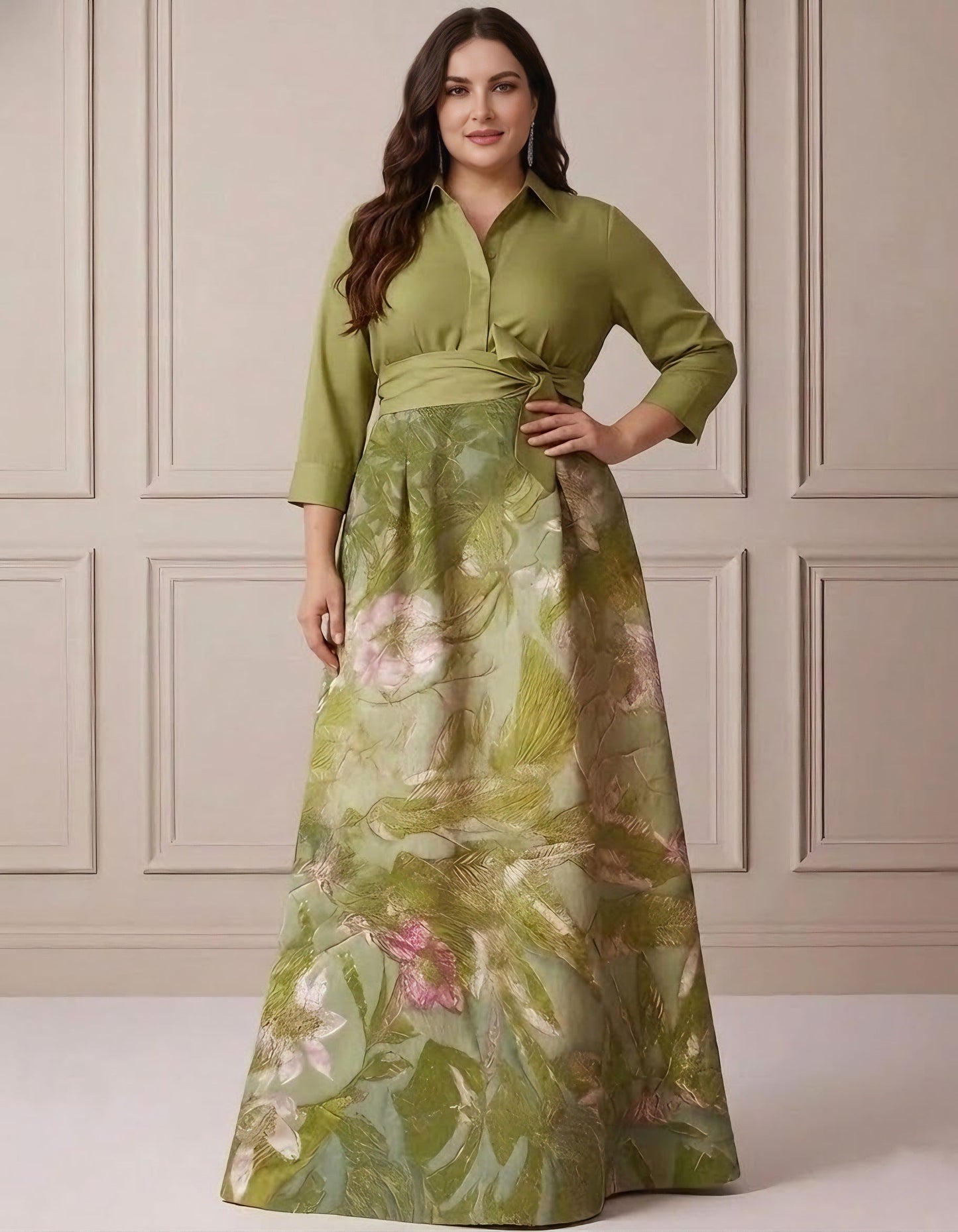 Plus Size Shirt Collar Satin Floral Floor-Length Mother of the Bride Dresses