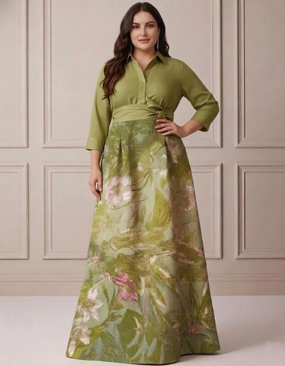 Plus Size Shirt Collar Satin Floral Floor-Length Mother of the Bride Dresses
