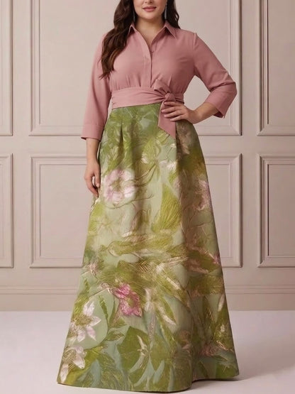 Plus Size Shirt Collar Satin Floral Floor-Length Mother of the Bride Dresses