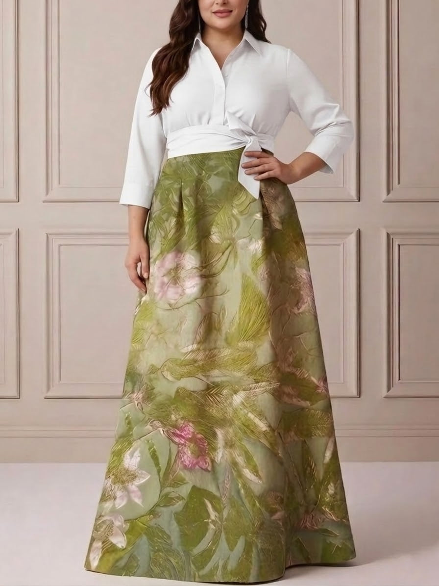 Plus Size Shirt Collar Satin Floral Floor-Length Mother of the Bride Dresses