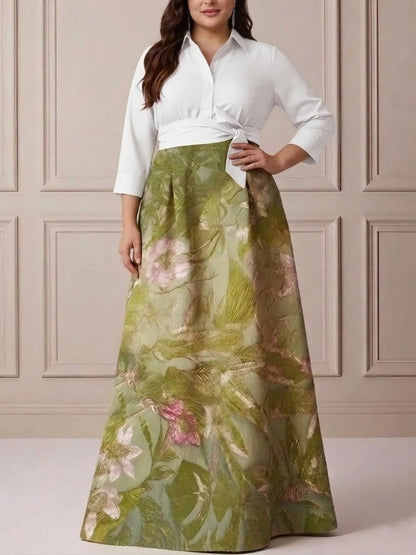 Plus Size Shirt Collar Satin Floral Floor-Length Mother of the Bride Dresses