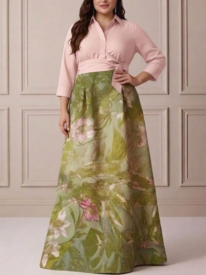 Plus Size Shirt Collar Satin Floral Floor-Length Mother of the Bride Dresses