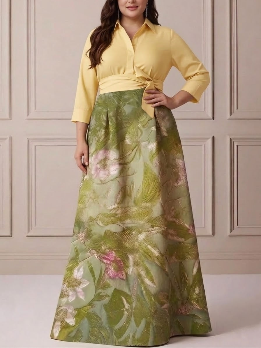 Plus Size Shirt Collar Satin Floral Floor-Length Mother of the Bride Dresses