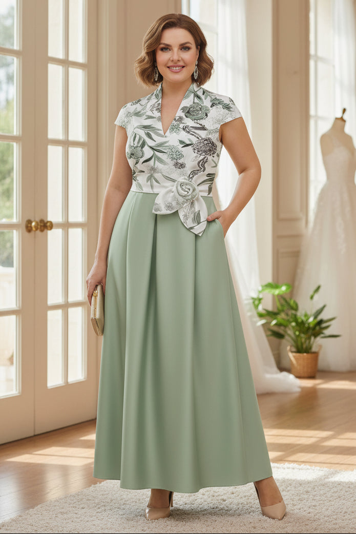 Floral V-Neck Plus Size Mother of the Bride Dresses with Sash Short Sleeves Ankle-Length