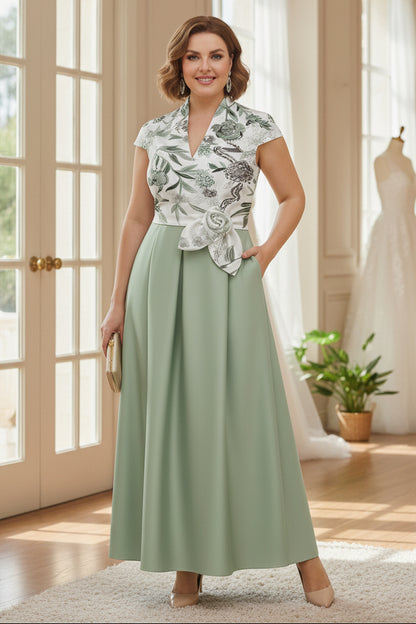 Floral V-Neck Plus Size Mother of the Bride Dresses with Sash Short Sleeves Ankle-Length