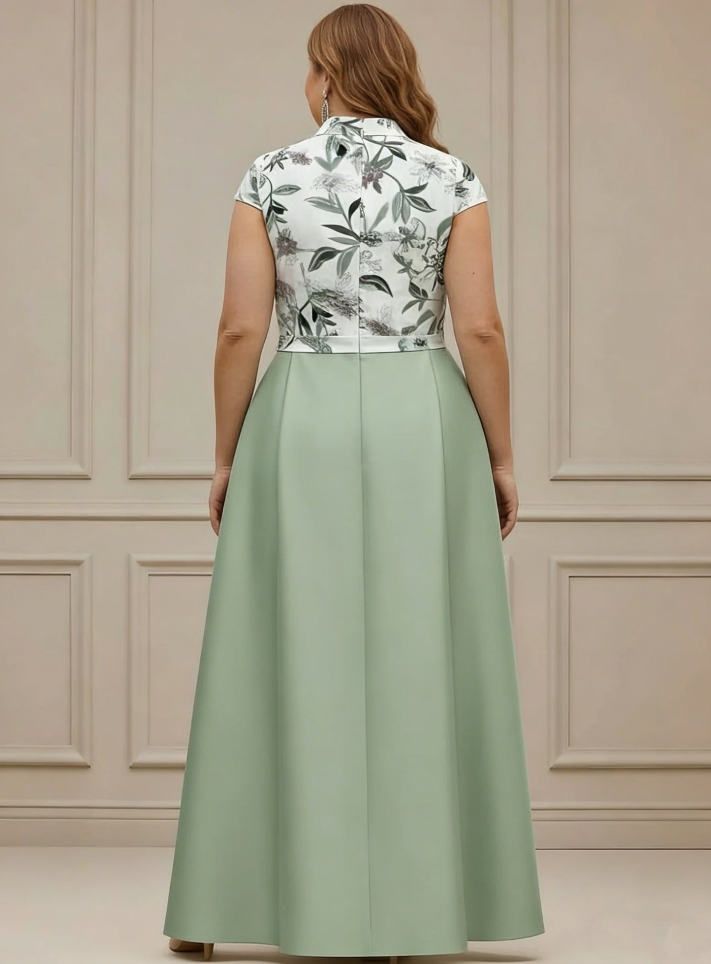 Floral V-Neck Plus Size Mother of the Bride Dresses with Sash Short Sleeves Ankle-Length