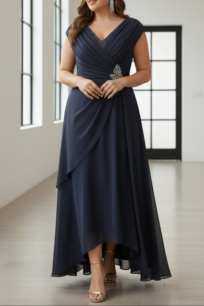 V-Neck Chiffon Plus Size Mother of the Bride Dresses Floor-Length Sequins Ruched