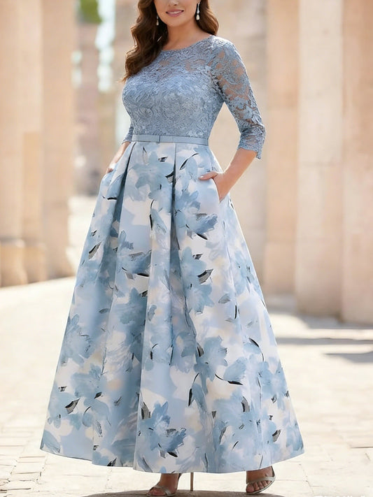 Plus Size A-Line Scoop Mother of the Bride Dresses Lace Ankle-Length Printed Flower