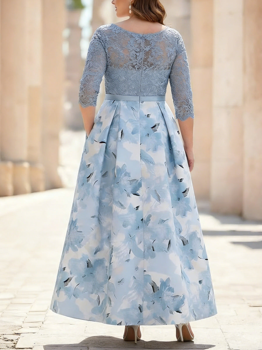 Plus Size A-Line Scoop Mother of the Bride Dresses Lace Ankle-Length Printed Flower