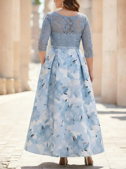 Plus Size A-Line Scoop Mother of the Bride Dresses Lace Ankle-Length Printed Flower