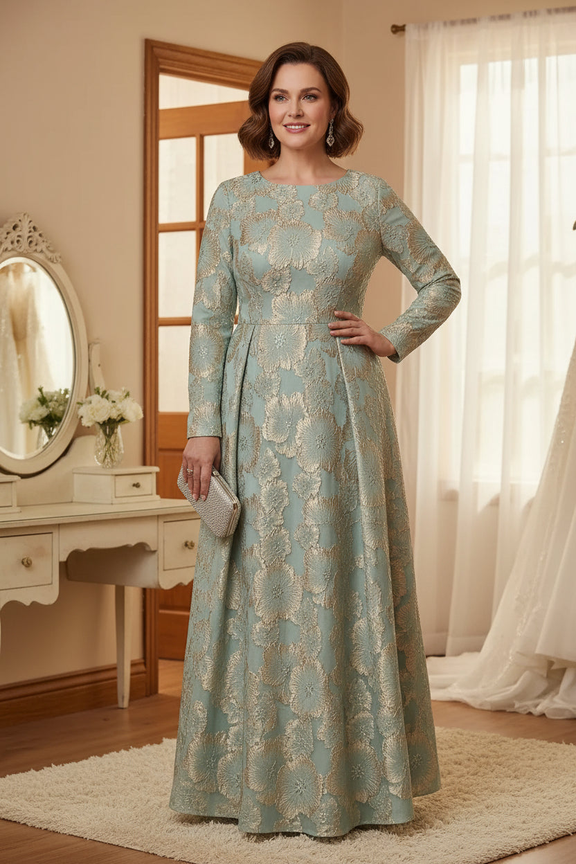 Floral Scoop Jacquard Plus Size Mother of the Bride Dresses 3/4 Sleeves Ankle-Length