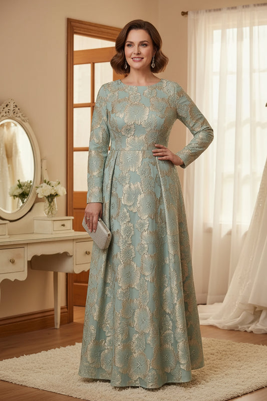 Floral Scoop Jacquard Plus Size Mother of the Bride Dresses 3/4 Sleeves Ankle-Length