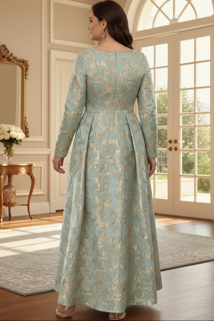 Floral Scoop Jacquard Plus Size Mother of the Bride Dresses 3/4 Sleeves Ankle-Length