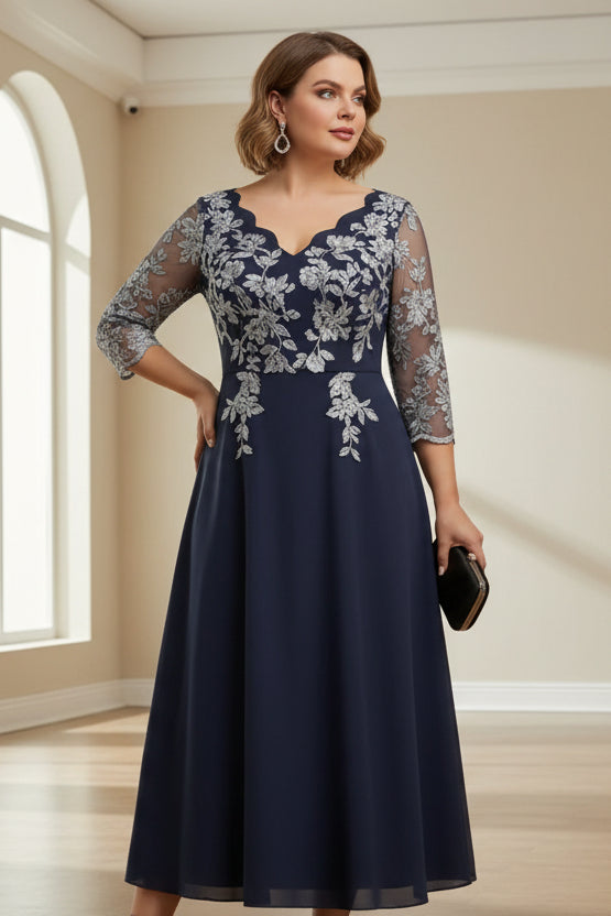 Lace Tea-Length A-Line V-Neck Plus Size Mother of the Bride Dresses