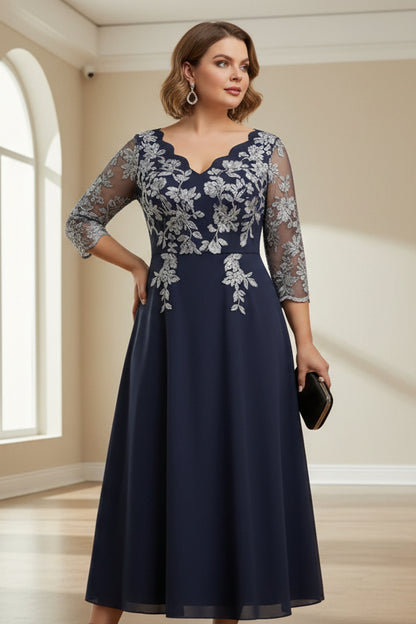 Lace Tea-Length A-Line V-Neck Plus Size Mother of the Bride Dresses