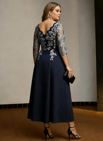 Lace Tea-Length A-Line V-Neck Plus Size Mother of the Bride Dresses