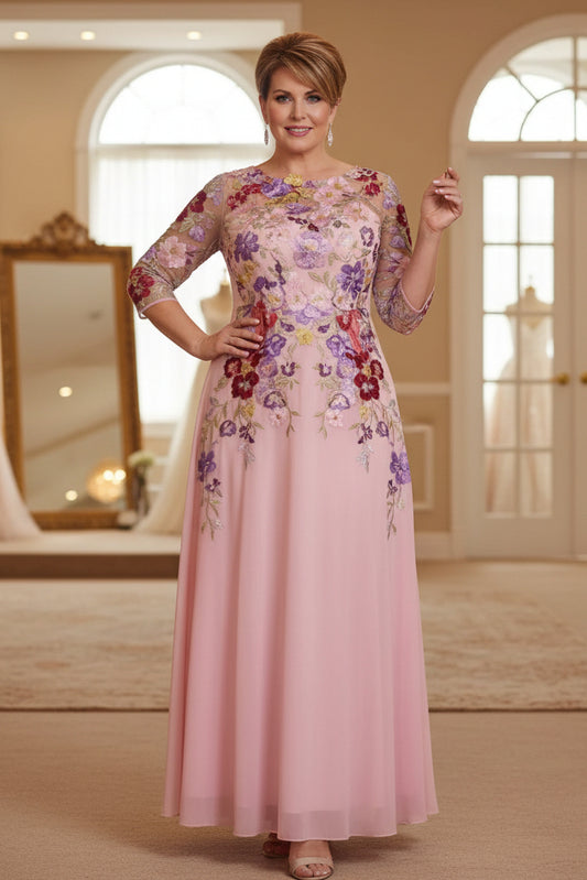 Plus Size Scoop Chiffon Mother of the Bride Dresses Lace Floral Half Sleeves Ankle-Length