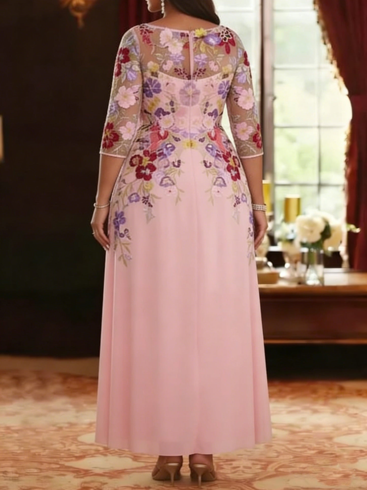 Plus Size Scoop Chiffon Mother of the Bride Dresses Lace Floral Half Sleeves Ankle-Length