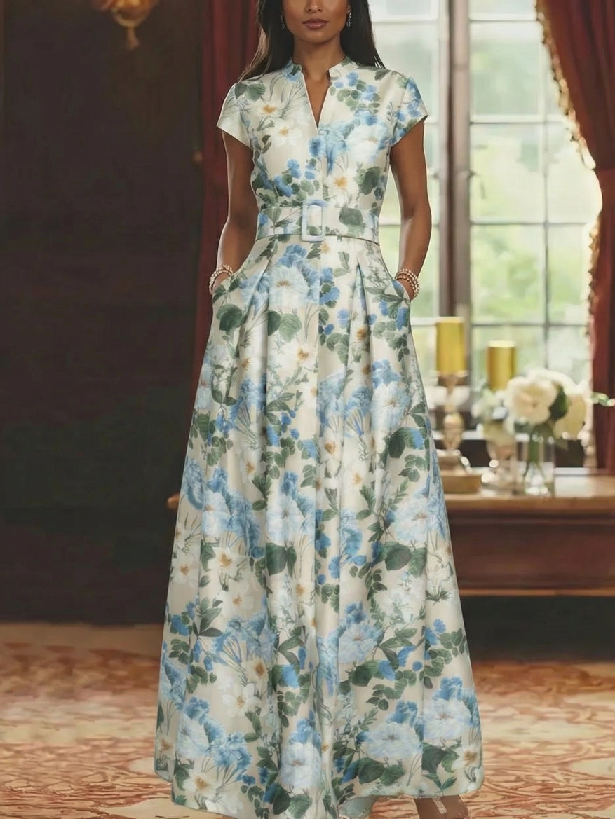 Printed Satin Short Sleeves Floral Floor-Length A-Line V-Neck Mother of the Bride Dresses