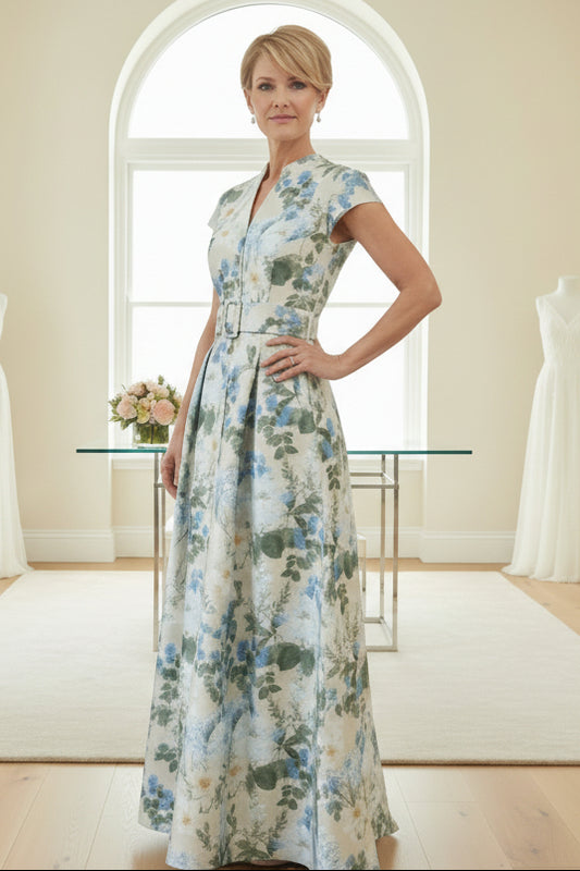 Printed Satin Short Sleeves Floral Floor-Length A-Line V-Neck Mother of the Bride Dresses
