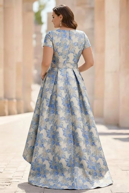Floral Printed Plus Size Mother of the Bride Dresses Short Sleeves 3D Flower Pocket