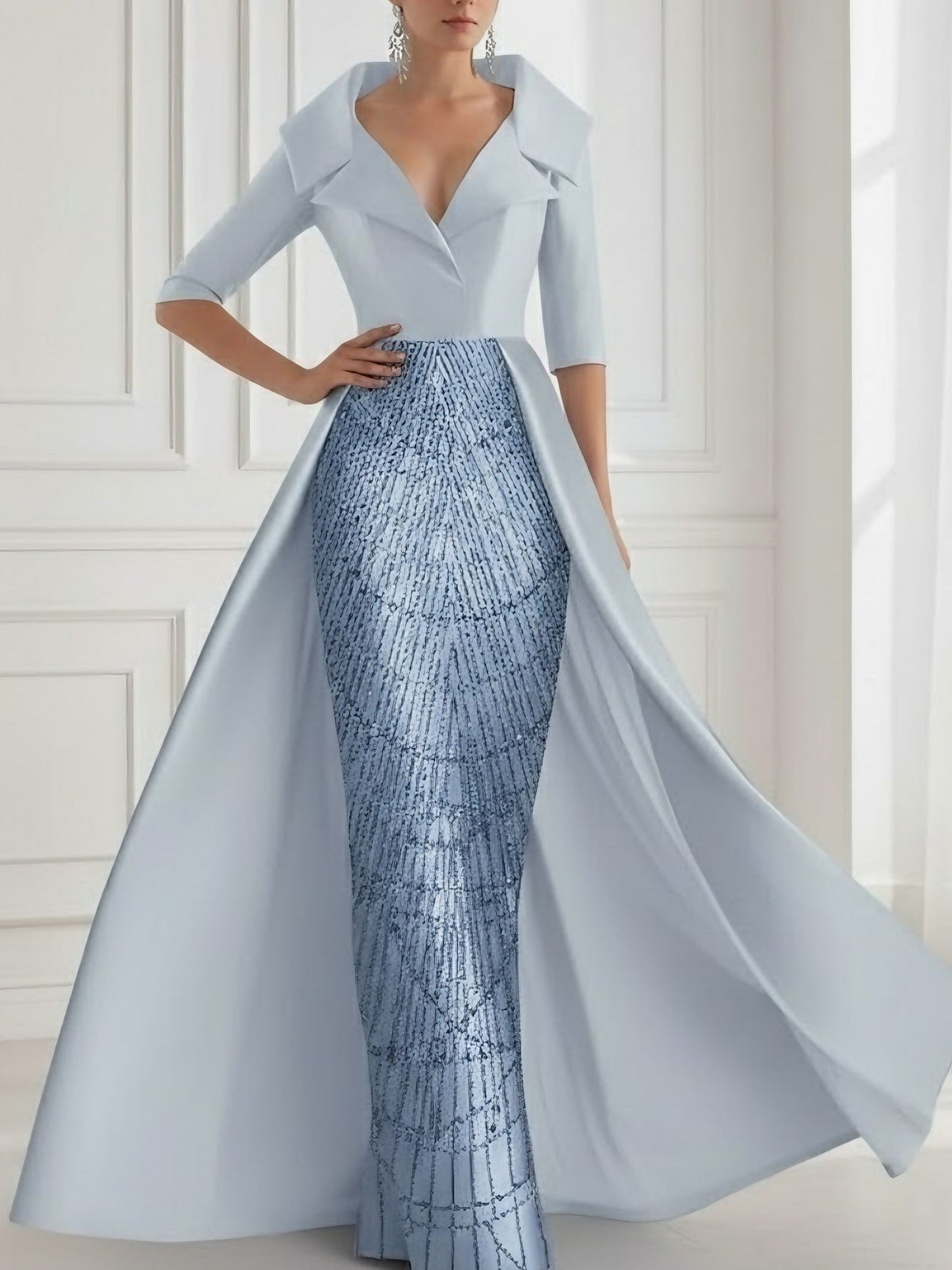 A-Line Shirt Collar Satin Sequins Sparkle Mother of the Bride Dresses with Overskirt