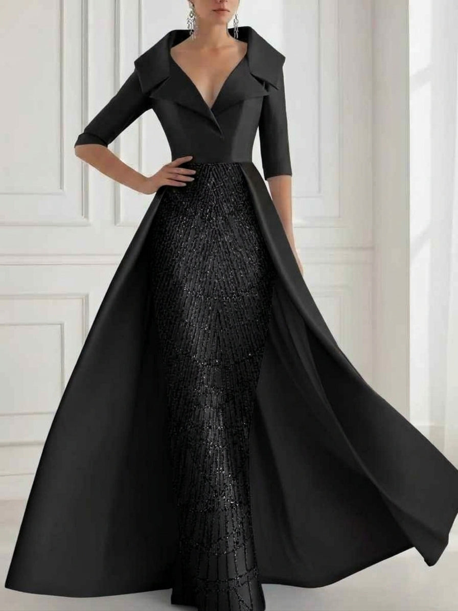 A-Line Shirt Collar Satin Sequins Sparkle Mother of the Bride Dresses with Overskirt