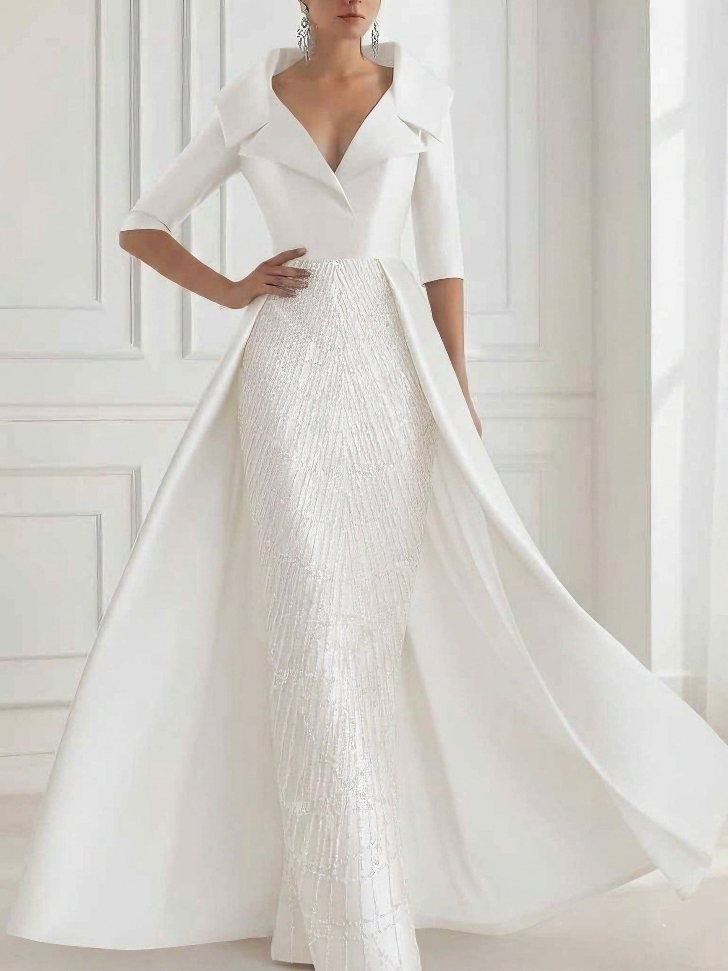 A-Line Shirt Collar Satin Sequins Sparkle Mother of the Bride Dresses with Overskirt