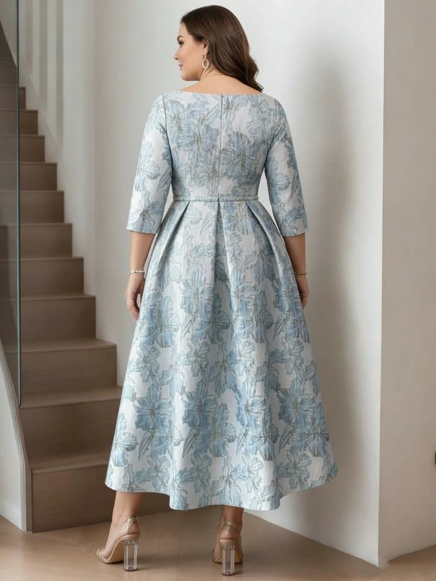 Plus Size A-Line Printed Satin  Mother of the Bride Dresses Half Sleeves Floral