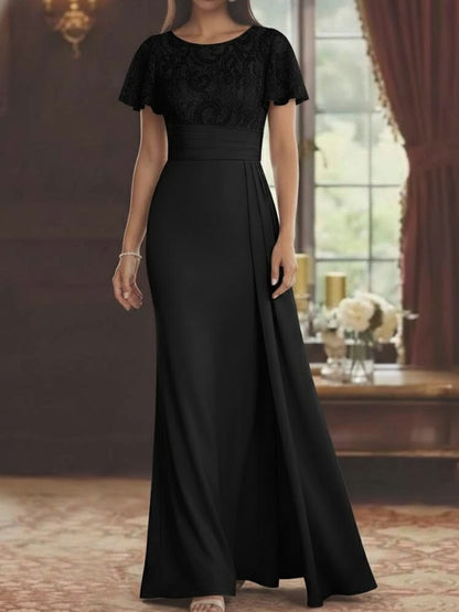 Scoop Stretch Satin Mother of the Bride Dresses Lace Floor-Length Short Sleeves