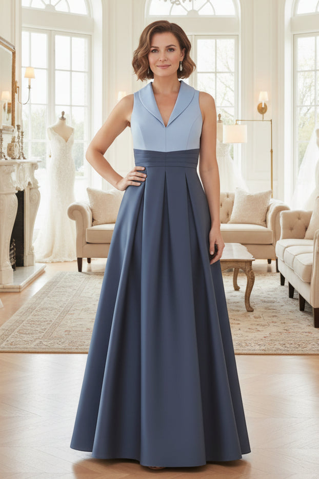 A-Line V-Neck Satin Mother of the Bride Dresses Floor-Length Sleeveless Pleated