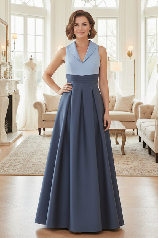 A-Line V-Neck Satin Mother of the Bride Dresses Floor-Length Sleeveless Pleated