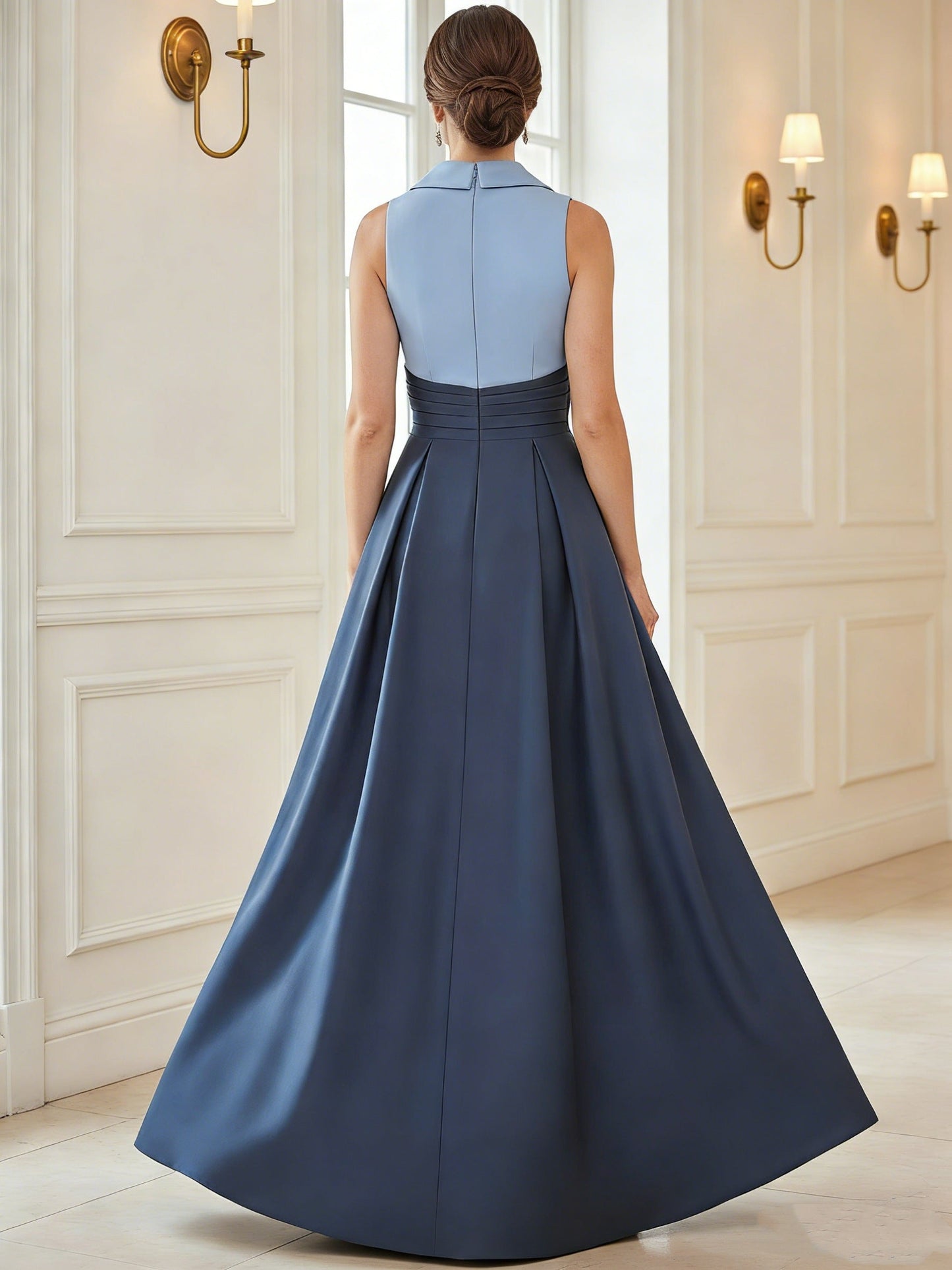 A-Line V-Neck Satin Mother of the Bride Dresses Floor-Length Sleeveless Pleated