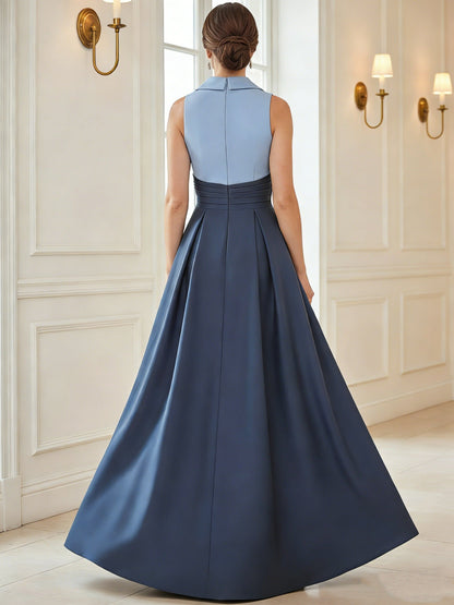 A-Line V-Neck Satin Mother of the Bride Dresses Floor-Length Sleeveless Pleated