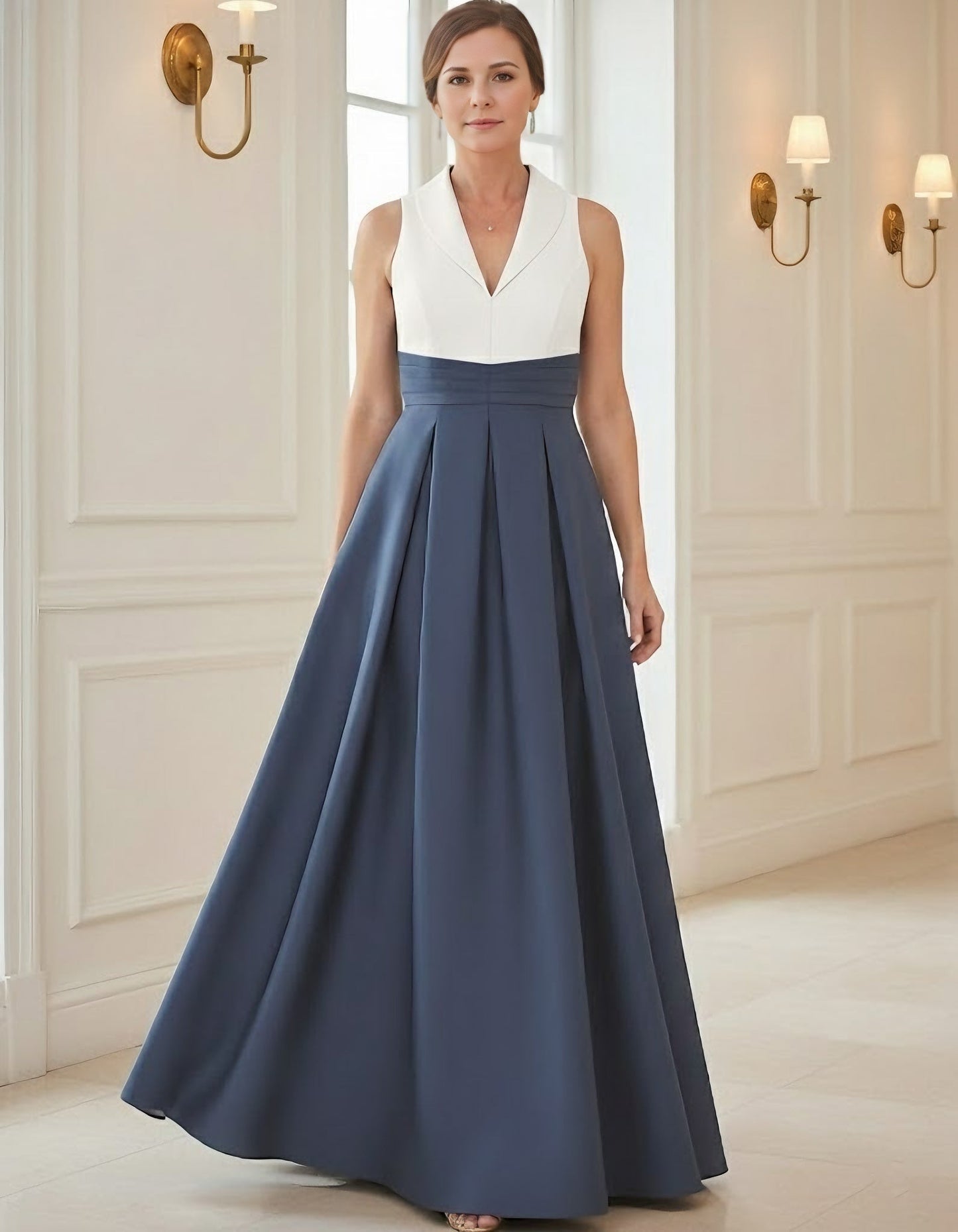 A-Line V-Neck Satin Mother of the Bride Dresses Floor-Length Sleeveless Pleated