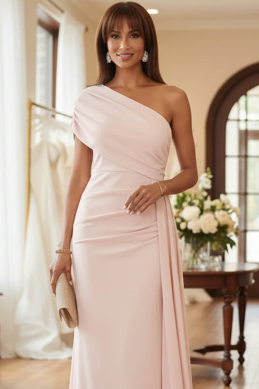 One-Shoulder Chiffon Mother of the Bride Dresses with Train Floor-Length Sleeveless
