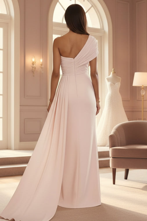 One-Shoulder Chiffon Mother of the Bride Dresses with Train Floor-Length Sleeveless