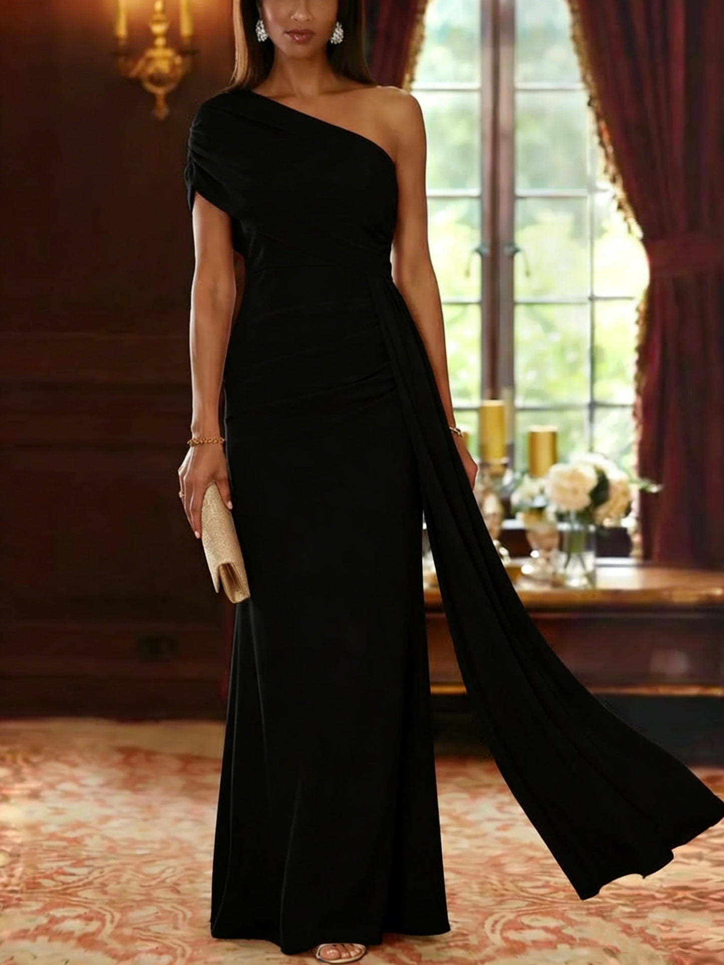 One-Shoulder Chiffon Mother of the Bride Dresses with Train Floor-Length Sleeveless