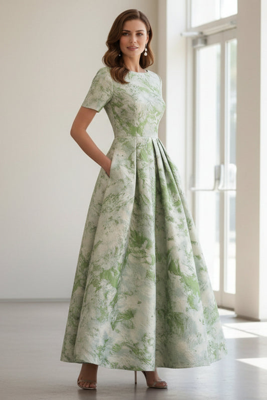 Jacquard Mother of the Bride Dresses Ankle-Length Short Sleeves Pleats