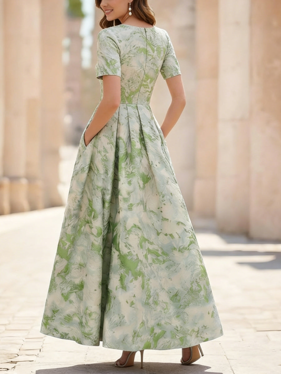 Jacquard Mother of the Bride Dresses Ankle-Length Short Sleeves Pleats
