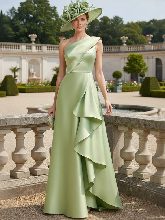 A-Line/Princess One-Shoulder Satin Mother of the Bride Dresses Sleeveless Floor-Length Ruffles