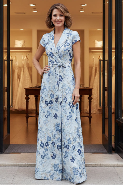 Floral Floor-Length Short Sleeves Belt Jacquard Mother of the Bride Dresses