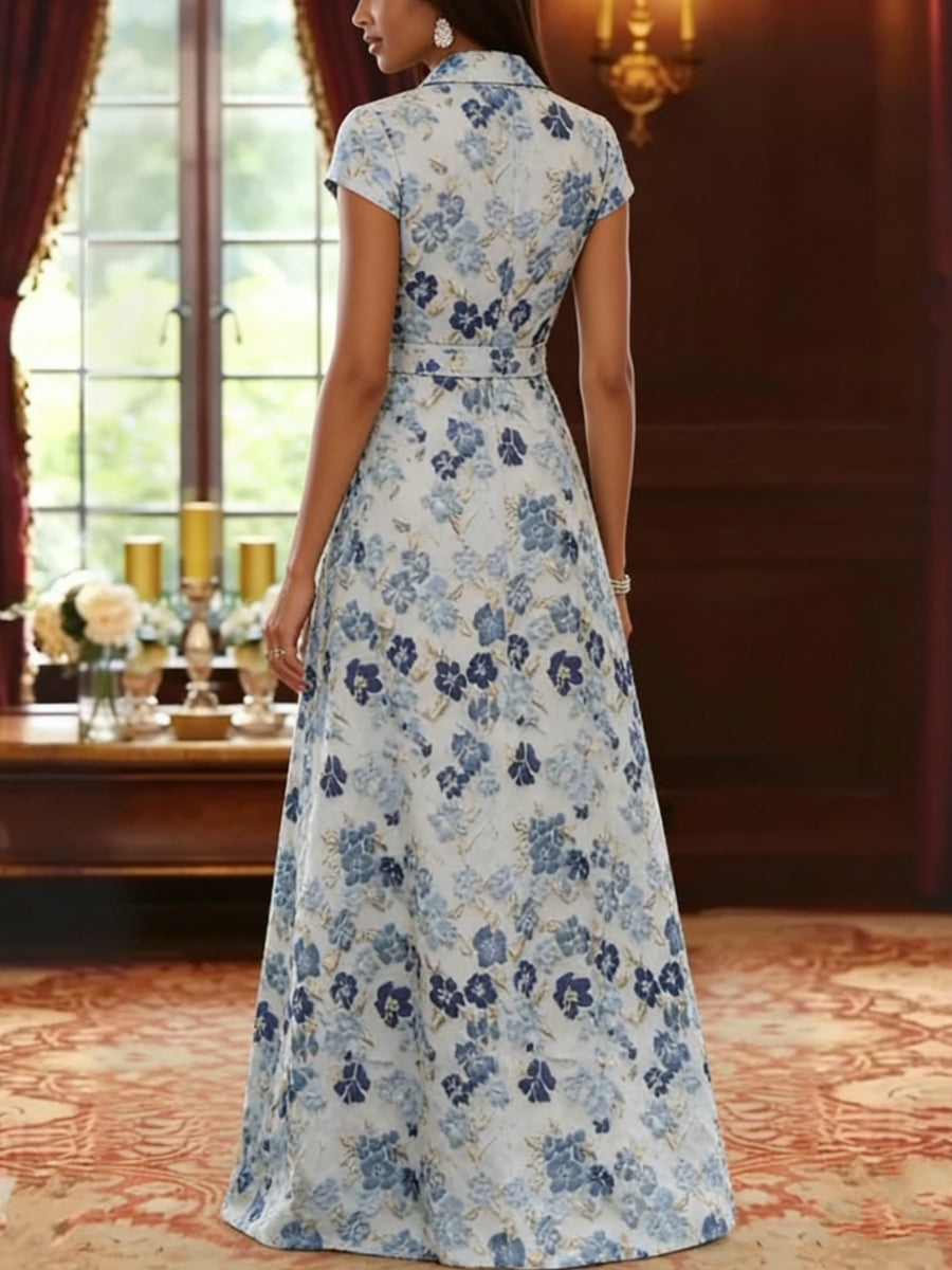 Floral Floor-Length Short Sleeves Belt Jacquard Mother of the Bride Dresses