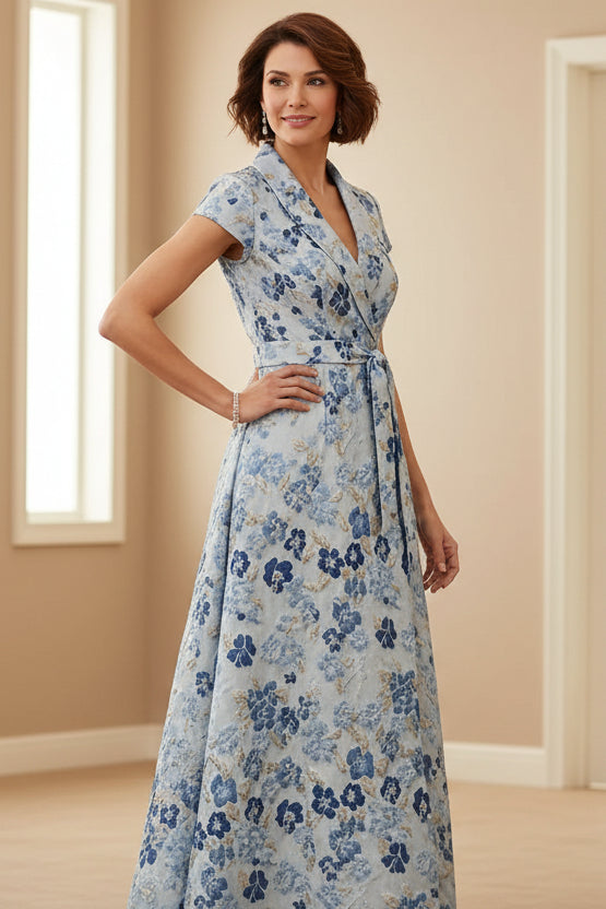 Floral Floor-Length Short Sleeves Belt Jacquard Mother of the Bride Dresses