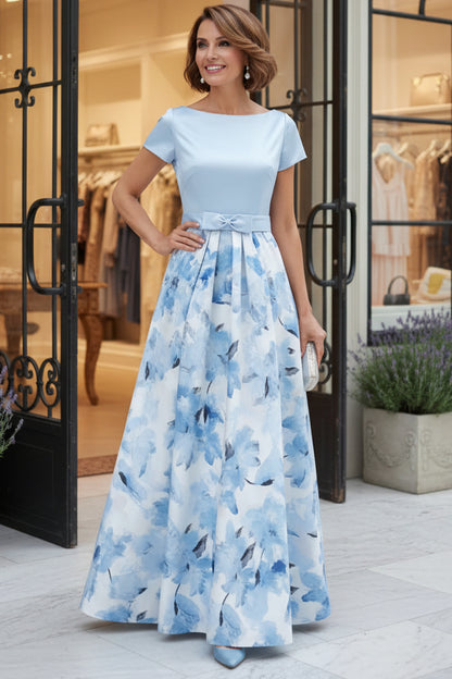 A-Line Mother of the Bride Dresses Floral Floor-Length Short Sleeves Bowknot