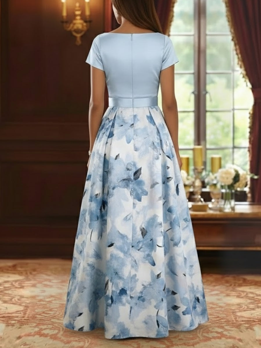 A-Line Mother of the Bride Dresses Floral Floor-Length Short Sleeves Bowknot