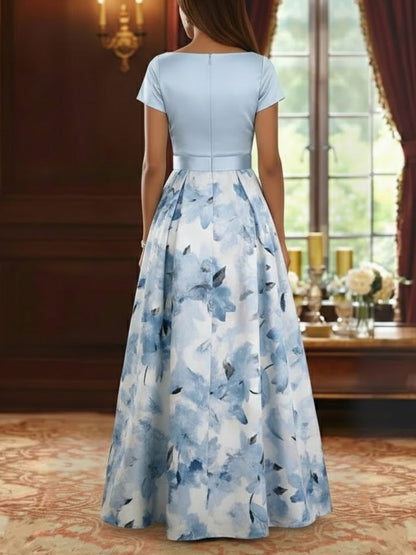 A-Line Mother of the Bride Dresses Floral Floor-Length Short Sleeves Bowknot