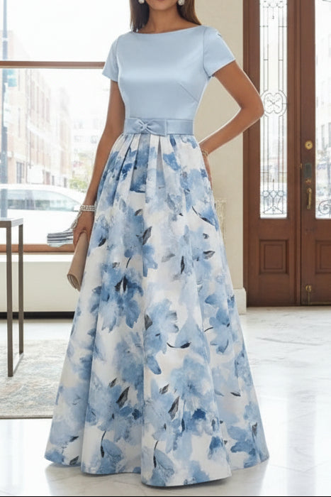 A-Line Mother of the Bride Dresses Floral Floor-Length Short Sleeves Bowknot